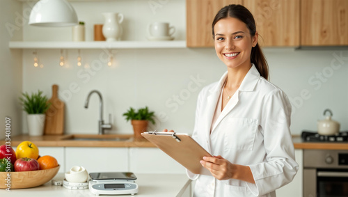 Mature female nutritionist with clipboard in kitchen