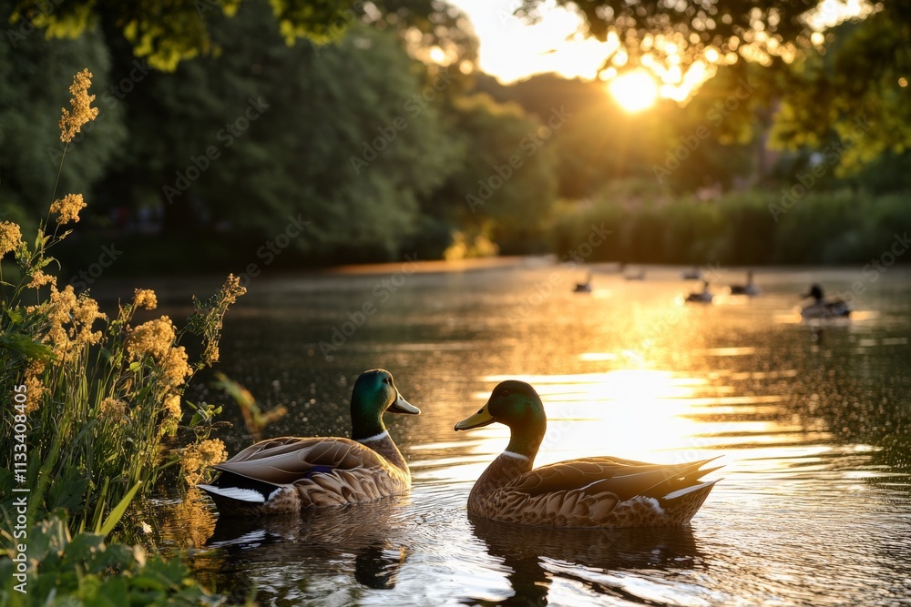 Fototapeta premium Ducks swim peacefully in a tranquil lake at sunset surrounded by lush greenery