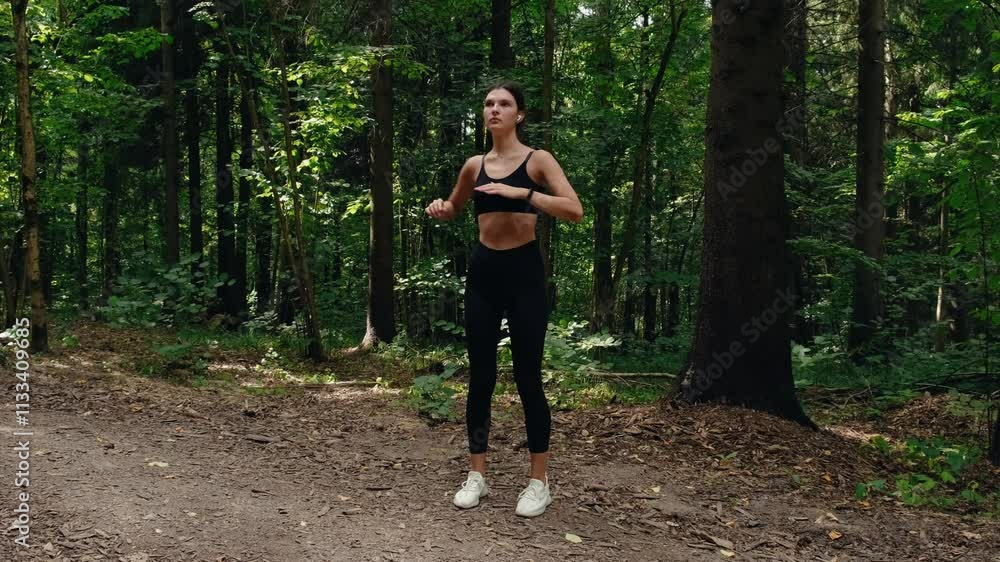 Young beautiful female athlete in black sportswear doing muscle stretching before training in park. Rotation of the body in one and the other direction. Warm-up exercise. Strengthening muscles. Young beautiful female athlete in black sportswear doing muscle stretching before training in park. Rotation of the body in one and the other direction. Warm-up exercise. Strengthening muscles.