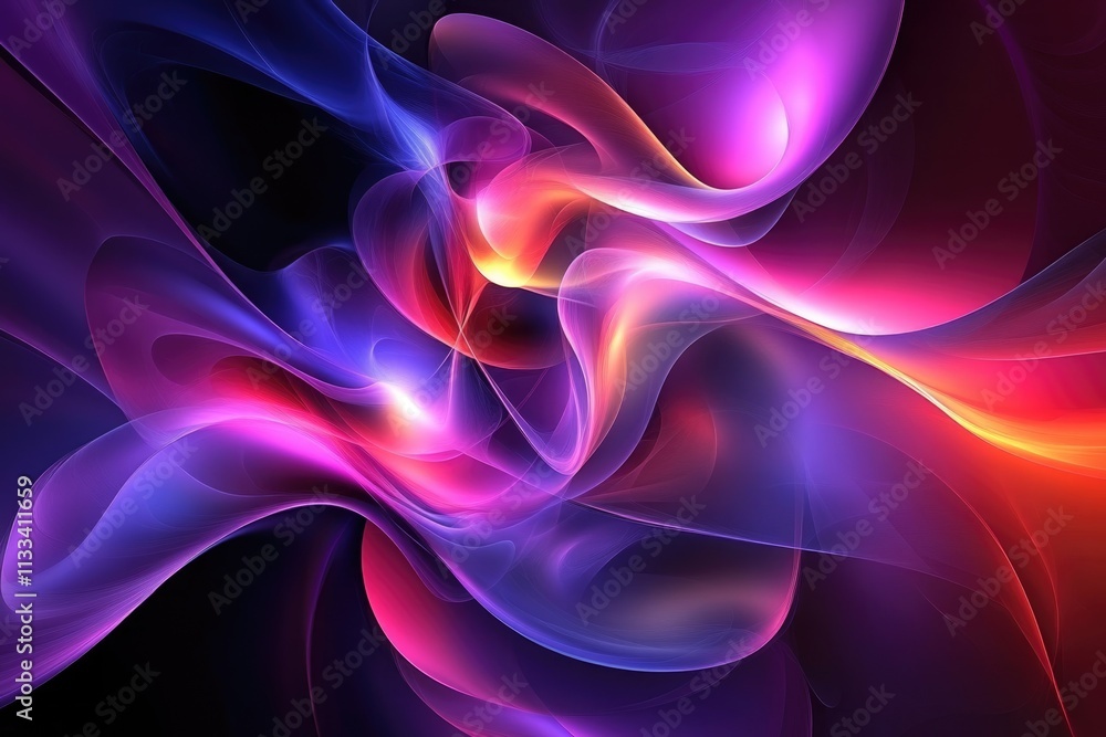 Fototapeta premium Abstract swirling neon waves in vibrant hues of purple, pink, and blue, creating a dynamic and energetic visual.
