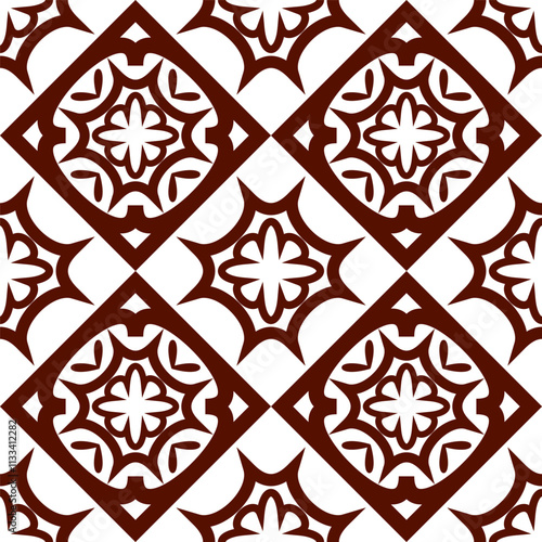 Seamless vintage pattern with floral and geometric elements in brown and white, inspired by traditional tile designs