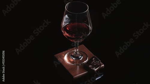 Elegant close-up of a fine vintage port wine served in a crystal glass, showcasing deep ruby hues and rich texture, placed on a polished wooden base against a dark background.