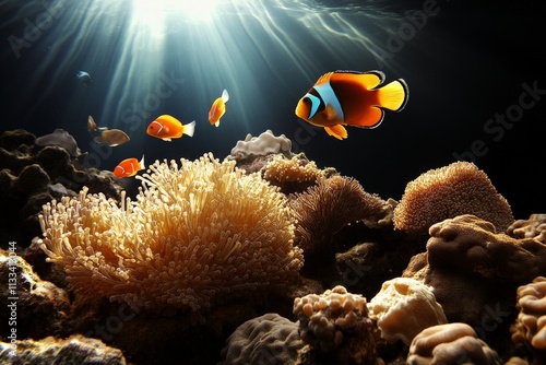 Colorful clownfish swimming among coral reefs in clear ocean waters during daylight hours photo