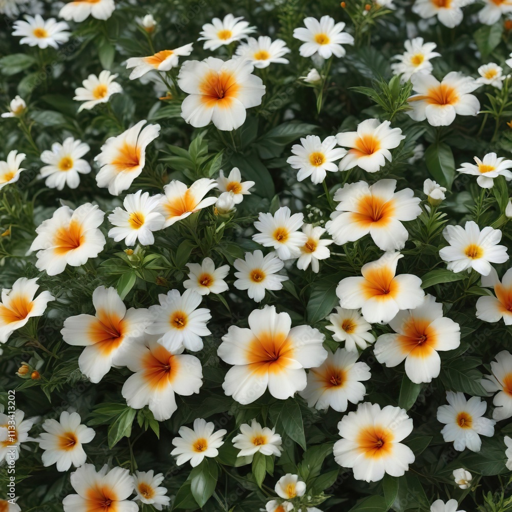 Obraz premium Lively white floral with orange stigma and lush greenery, flourishing, seasonal bloom, vibrant nature, elegant design, natural beauty