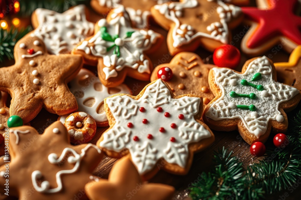 Obraz premium wooden table with a variety of christmas gingerbread cookies decorated white icing and red green decorations the are arranged in an aesthetically pleasing way some them overlapping each other col