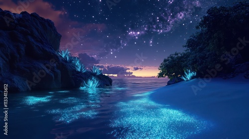 A hidden lagoon under a star-studded night sky, with soft bioluminescent plants lighting up the watera??s edge. photo