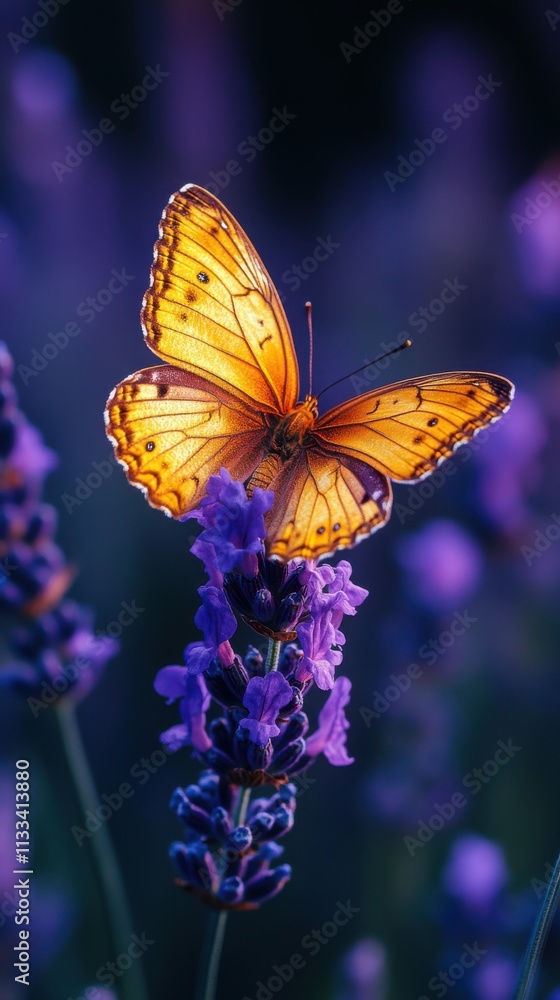 Obraz premium A vibrant butterfly perched on a lavender flower, showcasing nature's beauty.