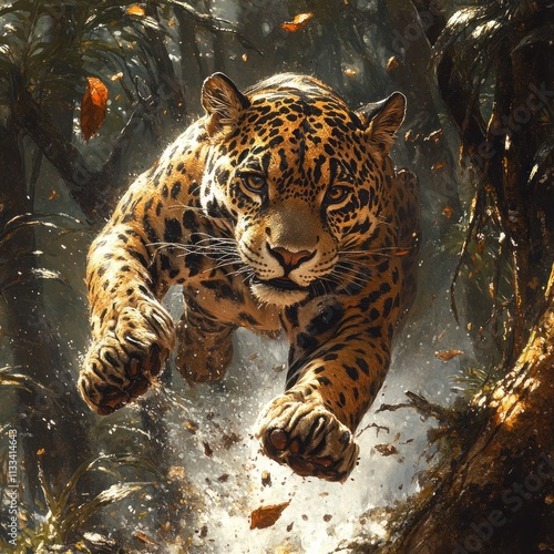 A powerful jaguar leaps through a lush jungle, showcasing its agility and strength. photo