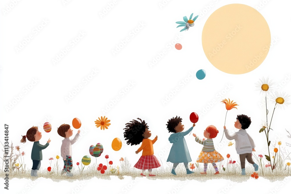 Fototapeta premium Children joyfully celebrate a bright sunny day outdoors, playing with colorful balloons and flowers in a vibrant setting