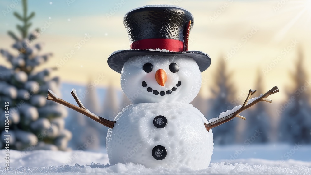 Obraz premium a snowman in a hat stands in a snowy forest