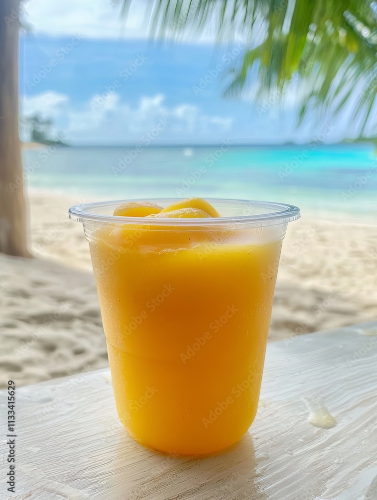 A plastic cup of orange juice sitting on a table on the beach A plastic cup of orange juice sitting on a table on the beach