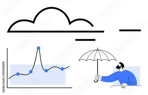 Cloud outline line graph with data points person with umbrella. Ideal for technology, finance, protection, uncertainty, analytics, forecasting, resilience. Line metaphor