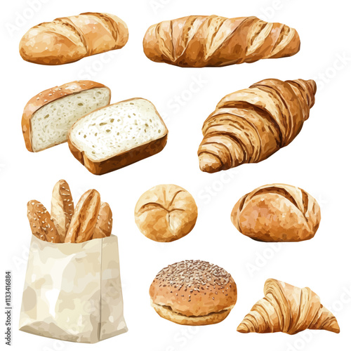 watercolor bread collection, Watercolor bakery set isolated on a white background. sliced loaf, sesame bun, bread, baguettes in a bag, croissants, and a wholegrain loaf and toast