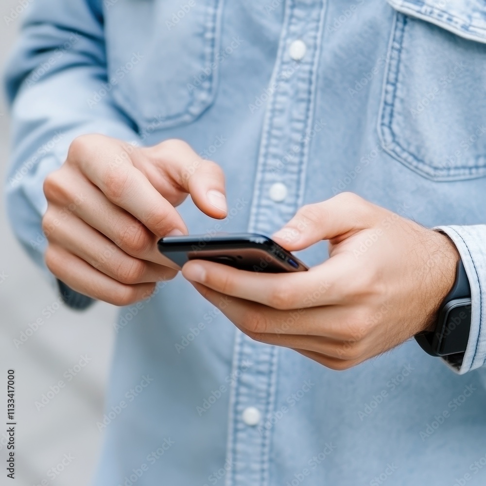 Close-up of hands holding a smartphone, wearing a light blue denim shirt and smartwatch.