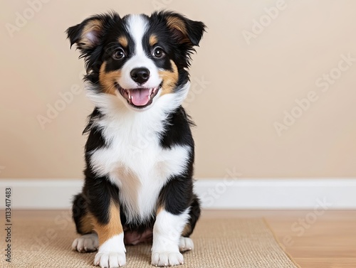 A small black and white dog sitting on a rug on the floor photo