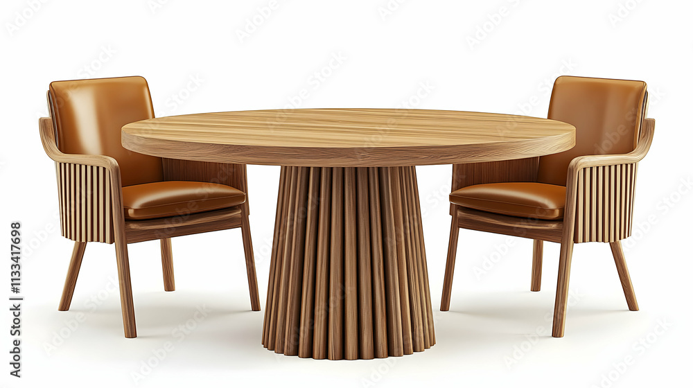 Fototapeta premium Wooden Dining Set, Round Table with Fluted Base and Two Leather Chairs