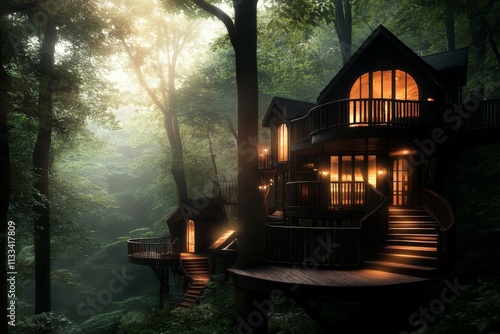 Unique treehouse cabins nestled in a lush forest at twilight, illuminated warmly by soft lights creating a serene atmosphere photo