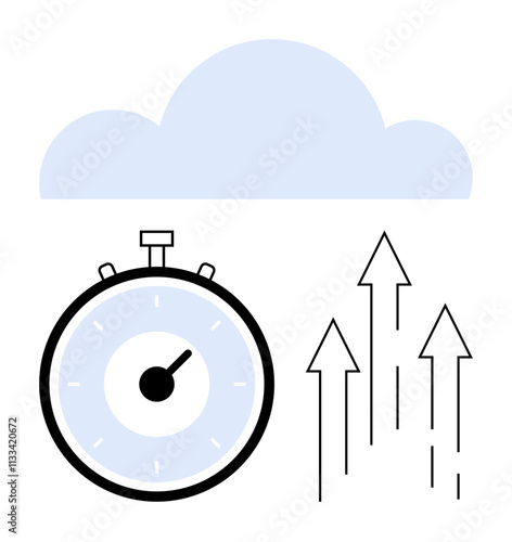 Stopwatch cloud and rising arrows symbolizing efficiency, improvement, and development. Ideal for concepts related to productivity, time management, cloud computing, growth, advancements, progress