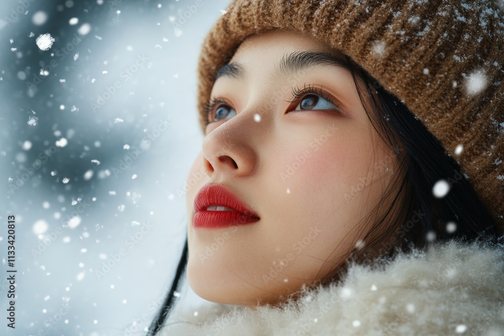 Young woman gazing thoughtfully as snow falls gently around her in a winter landscape Young woman gazing thoughtfully as snow falls gently around her in a winter landscape