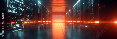 Digital Corridor, Futuristic Server Room with Glowing Data Streams and Orange Light