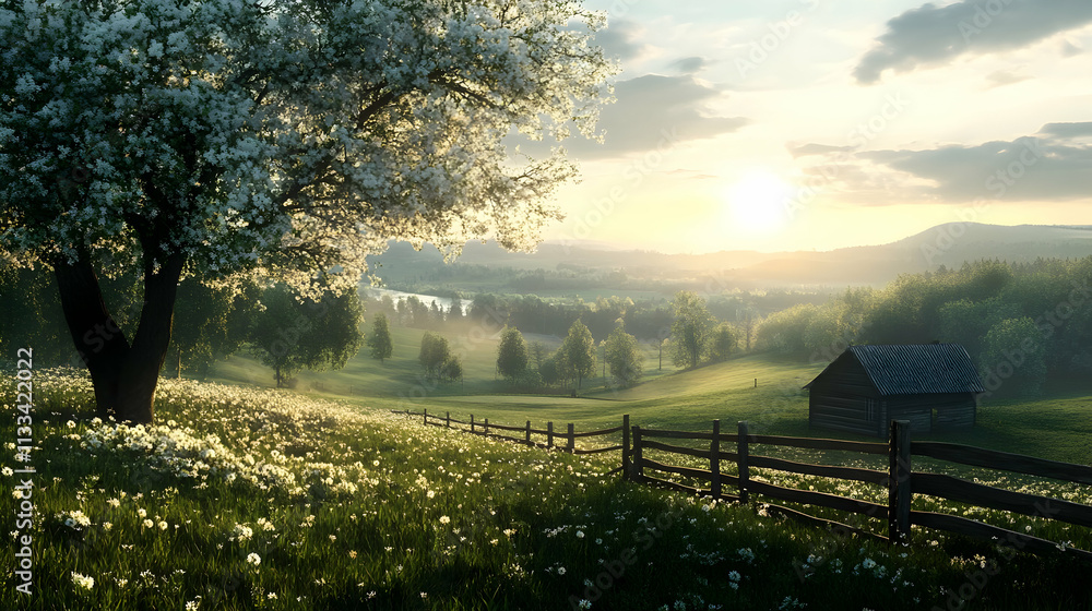 Fototapeta premium Serene sunset over a picturesque landscape. A blooming tree graces the foreground, with a rustic cabin nestled in the distance.