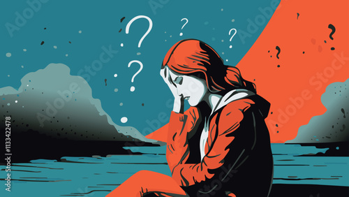 Sad, sorrowful woman sitting. Profile of unhappy girl. Depression concept in blue and orange colors. facepalm