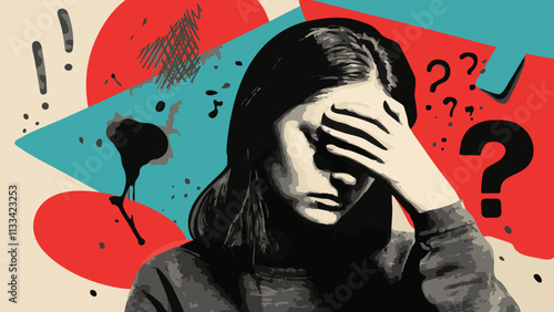 young woman pressed her hand to her face, feeling unwell and sad, thinking about problems and questions. Facepalm. Illustration in dark blue and red tones