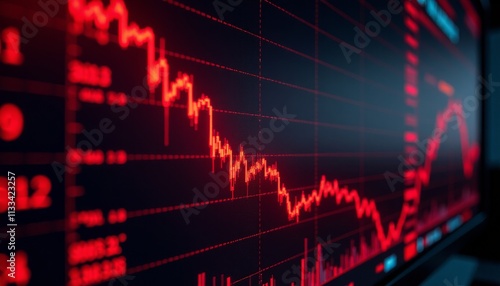 Stock market crash with plummeting red figures and dark background
