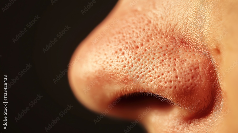 Fototapeta premium Close up of red irritated nose, emphasizing the discomfort and struggle of allergies or cold symptoms, highlighting the human vulnerability and resilience in the face of common ailments.