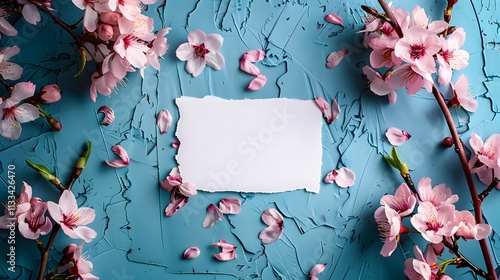 Blank white card surrounded by pink cherry blossoms and scattered petals on a blue background. Floral spring design concept for greeting card, invitation, poster, banner, or decorative print

