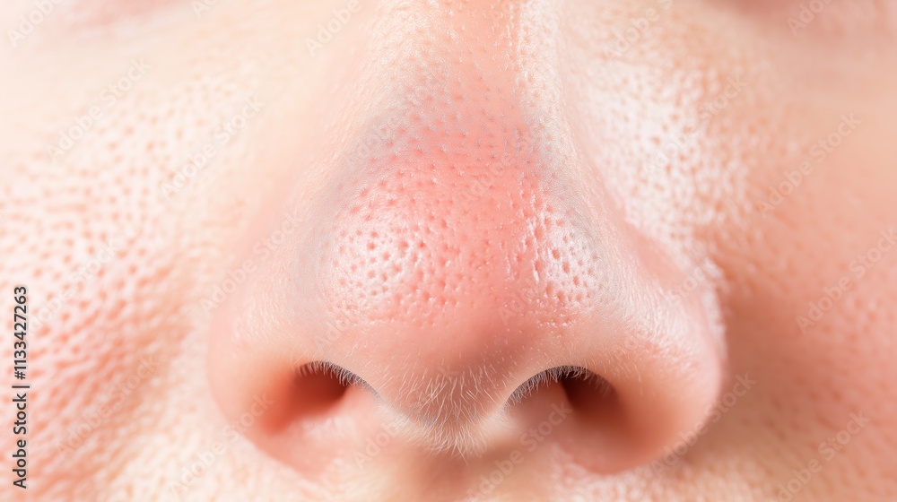 Fototapeta premium Close up of red irritated nose, emphasizing the discomfort and struggle of allergies or cold symptoms, highlighting the human vulnerability and resilience in the face of common ailments.