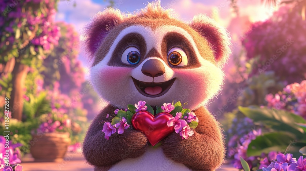 Obraz premium Adorable cartoon panda holding heart amidst vibrant floral garden. The 14th of February. Happy Valentine's Day