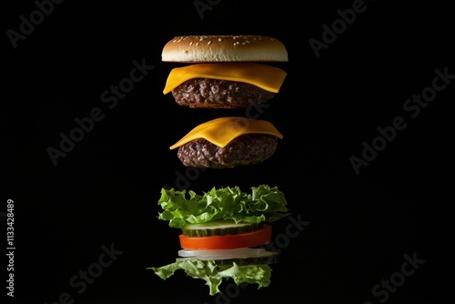 Ingredients for a juicy burger float mid-air, showcasing a perfect combination of patties, cheese, lettuce, and tomato against a dark backdrop. Generative AI photo