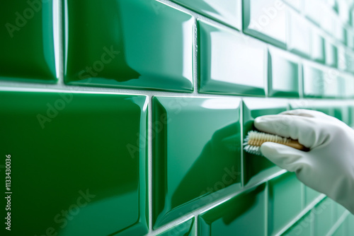 Gloved Hand Cleaning Dark Green Glossy Tiles