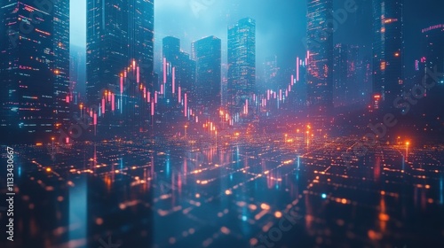 Wallpaper Mural A futuristic cityscape with digital stock market graphs and glowing data elements. Torontodigital.ca