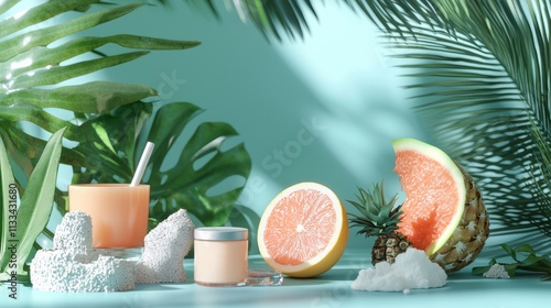 Tropical fruits and skincare products on a vibrant background photo