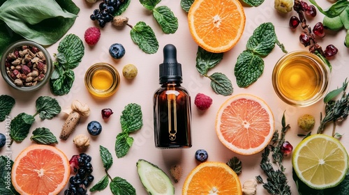 Natural skincare ingredients with dropper bottle and fruits photo