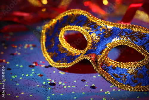 Beautiful carnival mask and confetti on color background, closeup photo