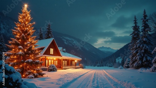 Wallpaper Mural A cozy cabin with a Christmas tree in front of it Torontodigital.ca