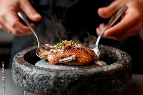 Fototapeta Naklejka Na Ścianę i Meble -  Exquisite culinary creation features aromatic dish being served with precision at upscale restaurant