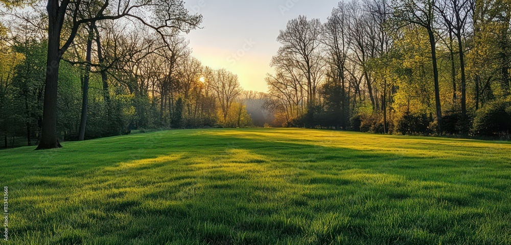 Fototapeta premium A quiet spring field surrounded by trees, with a gentle sunrise casting warm light on the lush green grass.
