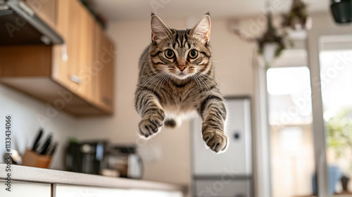 Wallpaper Mural Playful cat jumps in a bright kitchen, showcasing agility and curiosity in a lively indoor setting Torontodigital.ca