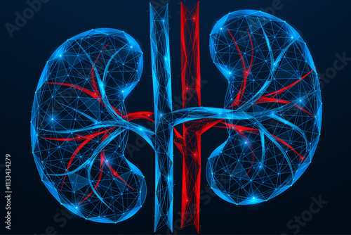 Human kidneys with blood vessels. Polygonal design of interconnected elements.