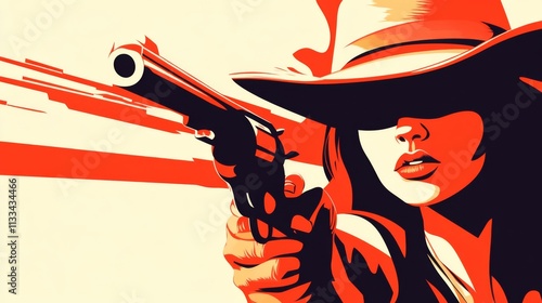 Woman is holding a gun and wearing a cowboy hat. She is in a red and white background
