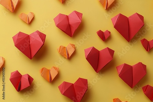 Creative display of handmade paper hearts on bright yellow background