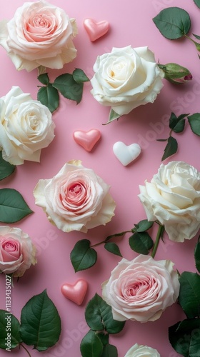 Colorful roses with heart shapes arranged beautifully on a pink background