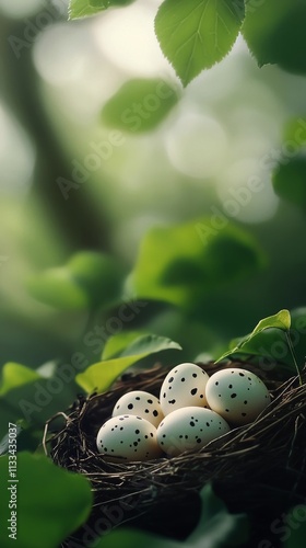 Nest with speckled eggs surrounded by green leaves in a serene natural setting