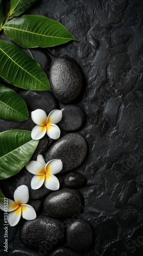 Elegant tropical flowers and smooth stones create a tranquil spa atmosphere