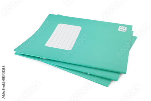 Turquoise copybooks isolated on white. School stationery photo