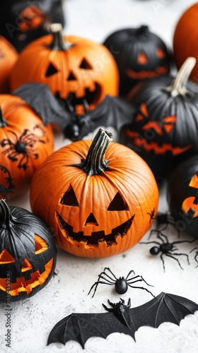 Colorful jack o lanterns and spooky decorations create a festive Halloween at...